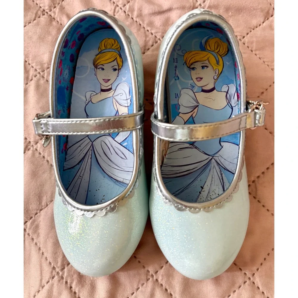 Disney Princess Cinderella Blue Glitter Dress Up Heels Mary Jane Shoes Kids 11